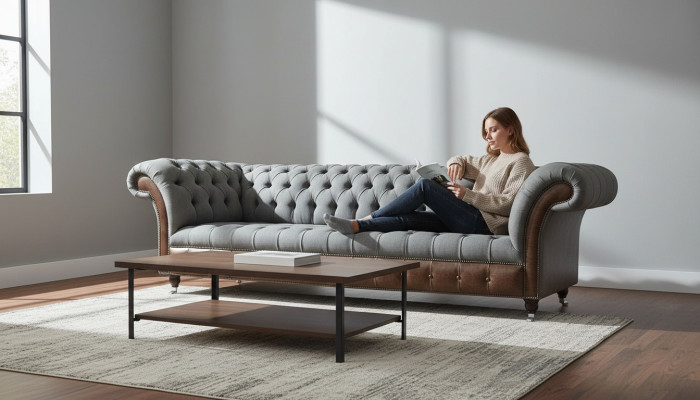 Inglés Chesterfield Sofá de lujo de tela 4 plazas Diseño de tapicería Sofás de tela