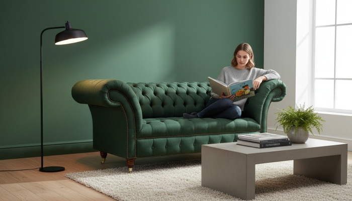 Sofá Chesterfield de 2 plazas tapizado en verde, sofás de lujo de tela.