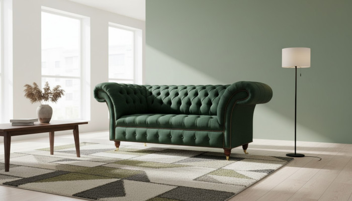 Sofá Chesterfield de 2 plazas tapizado en verde, sofás de lujo de tela.