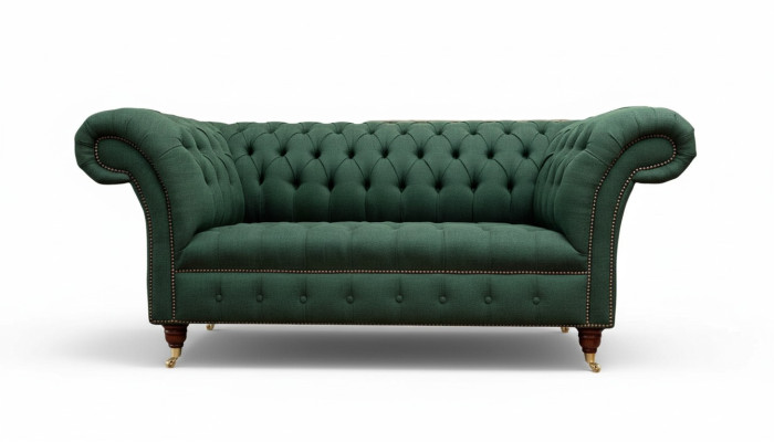 Sofá Chesterfield de 2 plazas tapizado en verde, sofás de lujo de tela.