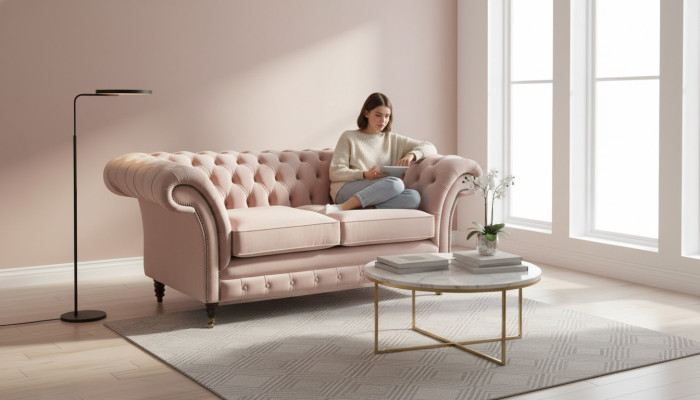Sofá de 2 plazas Chesterfield de diseño de sala de estar, tapizado en textil, nuevo.