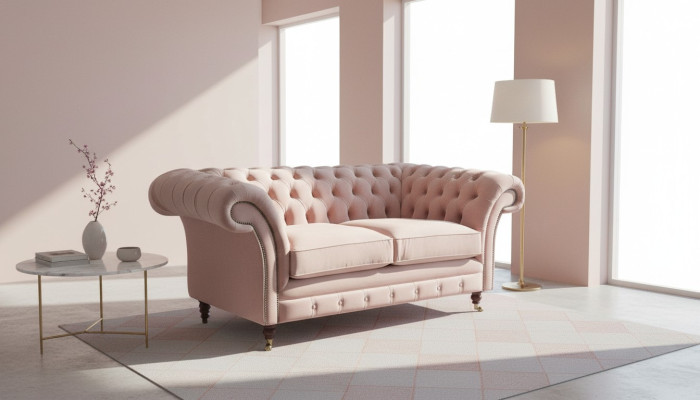 Sofá de 2 plazas Chesterfield de diseño de sala de estar, tapizado en textil, nuevo.