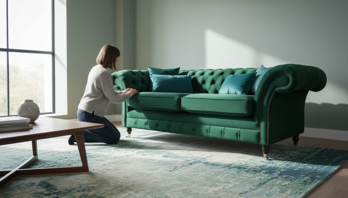 Sofá Chesterfield de tres plazas tapizado en verde, nuevo.