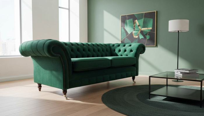 Sofá Chesterfield de tres plazas tapizado en verde, nuevo.