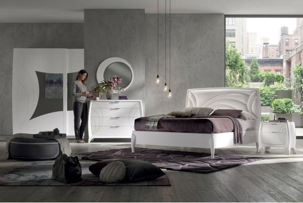 Juego de dormitorio de lujo: cama, 2 mesitas de noche, cómoda de diseño, mobiliario de 6 piezas