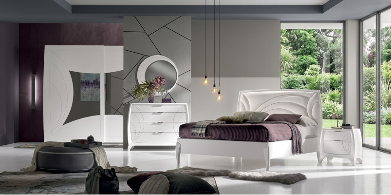 Juego de dormitorio de lujo: cama, 2 mesitas de noche, cómoda de diseño, mobiliario de 6 piezas