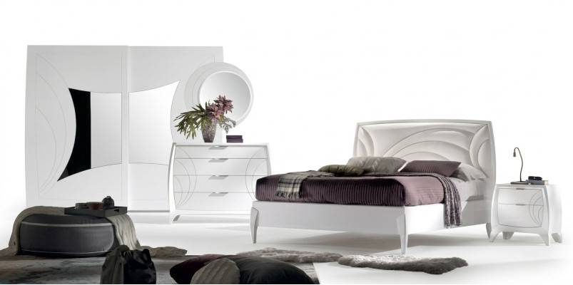 Juego de dormitorio de lujo: cama, 2 mesitas de noche, cómoda de diseño, mobiliario de 6 piezas