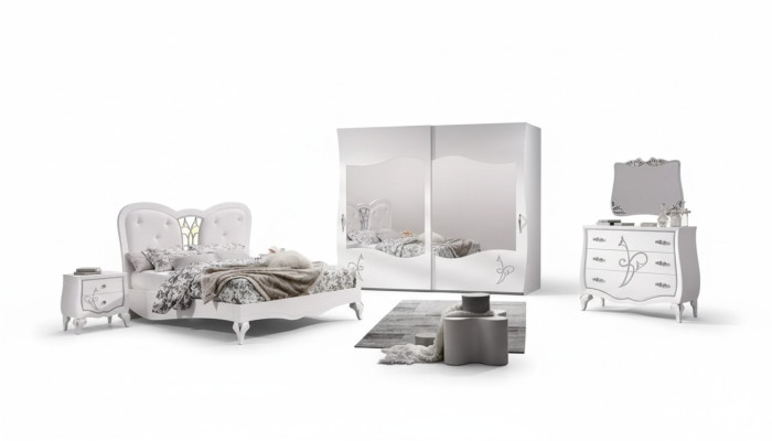 Conjunto de 5 piezas para dormitorio: cama, 2 mesitas de noche, armario. Muebles modernos.