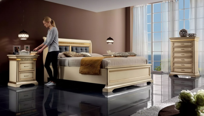 Diseño completo del dormitorio, Cama de lujo moderna, 2 mesitas de noche, Cómoda.