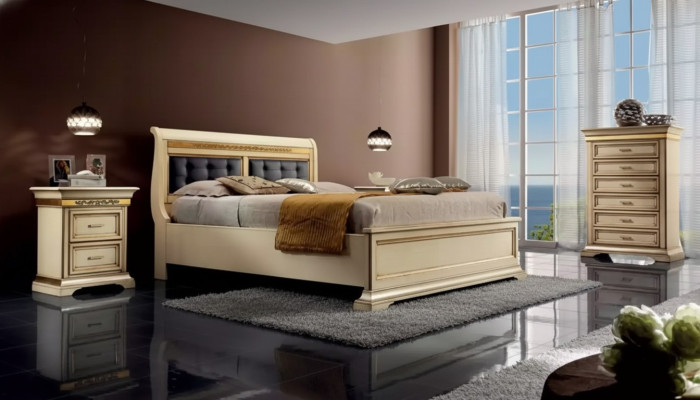 Diseño completo del dormitorio, Cama de lujo moderna, 2 mesitas de noche, Cómoda.