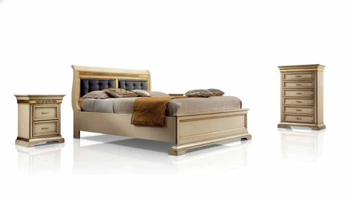 Diseño completo del dormitorio, Cama de lujo moderna, 2 mesitas de noche, Cómoda.