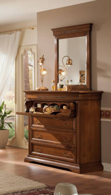Cómoda con espejo diseño de madera 2 piezas. Conjunto de dormitorio Aparador