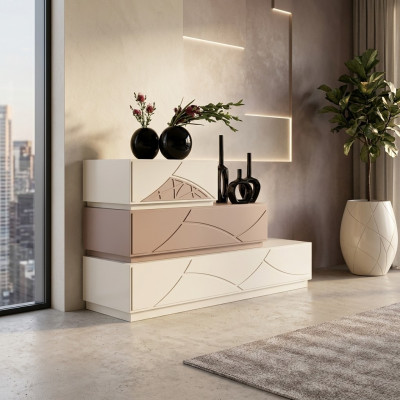 Mueble de diseño italiano, cómoda moderna beige de lujo de madera nueva.