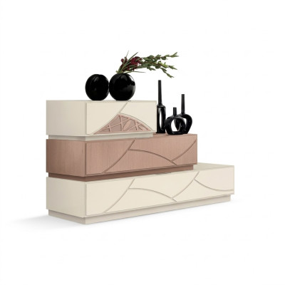 Mueble de diseño italiano, cómoda moderna beige de lujo de madera nueva.