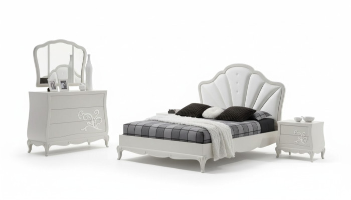 Juego de dormitorio de lujo de 5 piezas. Cama, 2 mesitas de noche, cómoda. Muebles de diseñador.