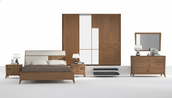 Juego de dormitorio de lujo de 6 piezas. Cama 2 mesitas de noche Armario de madera Nuevo