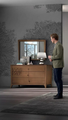 Cómoda de dormitorio con espejo, gabinete de muebles de madera marrón moderno nuevo.