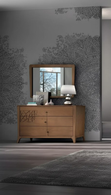 Cómoda de dormitorio con espejo, gabinete de muebles de madera marrón moderno nuevo.