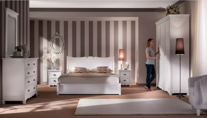 Conjunto de cama moderna para dormitorio con 2 mesitas de noche, cómoda y armario.