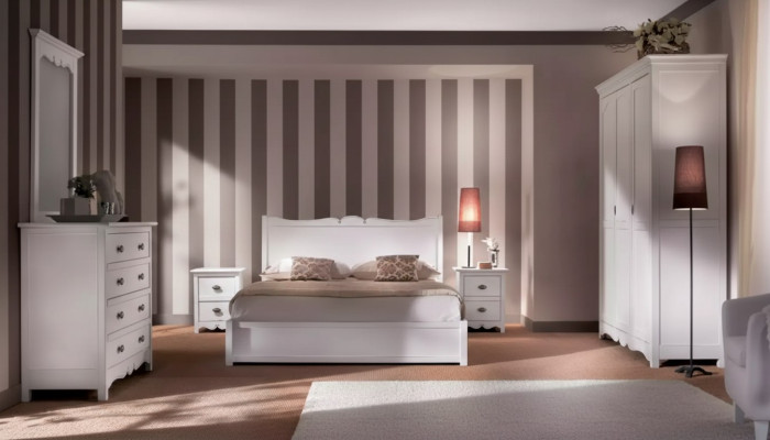 Conjunto de cama moderna para dormitorio con 2 mesitas de noche, cómoda y armario.