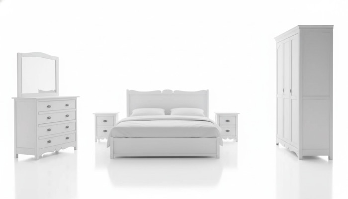 Conjunto de cama moderna para dormitorio con 2 mesitas de noche, cómoda y armario.