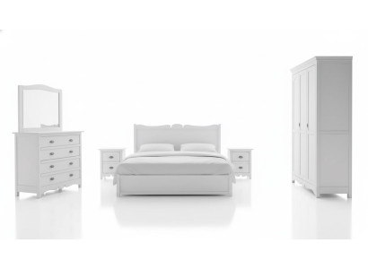 Conjunto de cama moderna para dormitorio con 2 mesitas de noche, cómoda y armario.