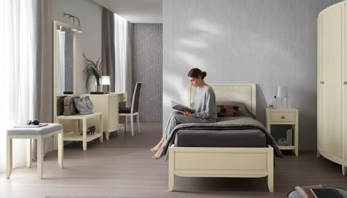 Juego de dormitorio completo de lujo beige con escritorio, cama y mesita de noche, nuevo.