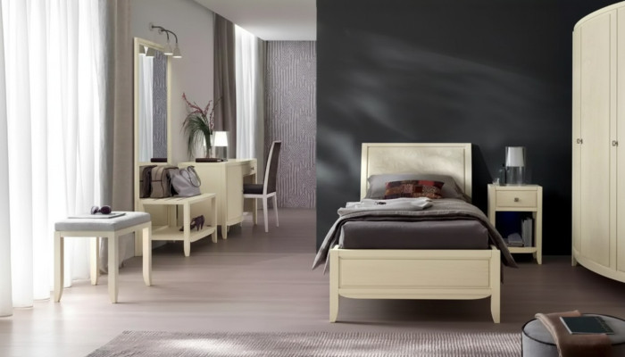 Juego de dormitorio completo de lujo beige con escritorio, cama y mesita de noche, nuevo.