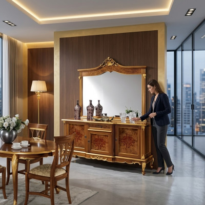 Mueble auxiliar Conjunto de muebles italianos de 2 piezas. Aparador de madera maciza con espejo.