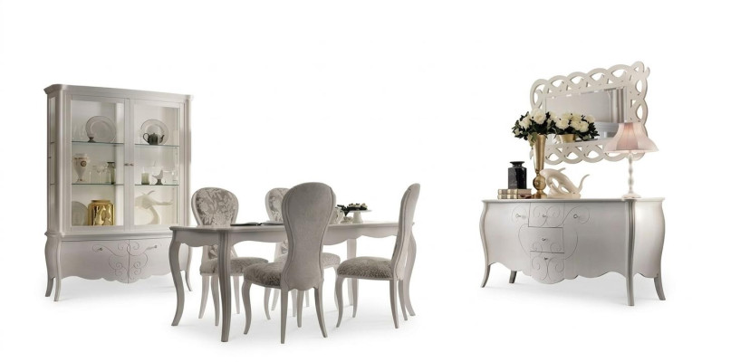 Juego de comedor de 8 piezas. Mesa de comedor, 4 sillas, aparador, espejo. Blanco.