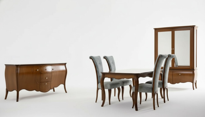 Conjunto completo mesa de comedor 4 sillas Set de comedor Grupo de madera Vitrina de 7 piezas