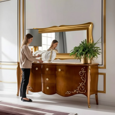Mueble italiano con espejo de 2 piezas, cómoda y armario de madera.