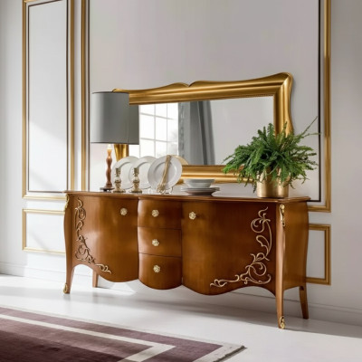 Mueble italiano con espejo de 2 piezas, cómoda y armario de madera.