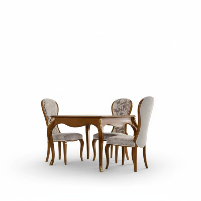 Juego de comedor de lujo marrón con tapicería clásica de mesa y 4 sillas en un conjunto de 5 piezas.