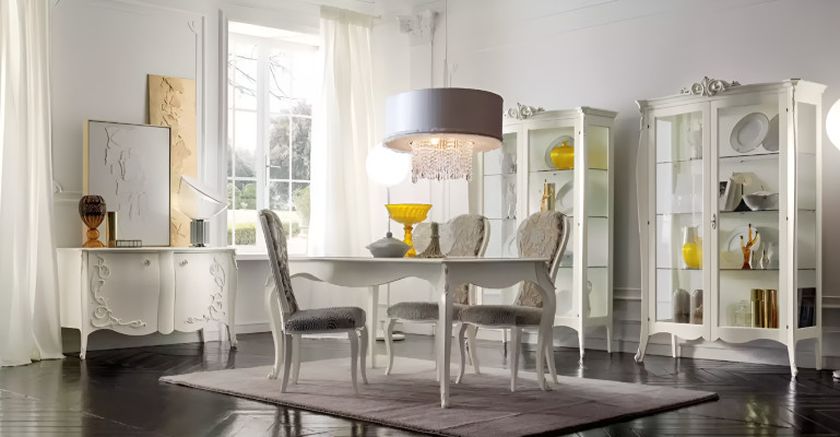 Conjunto de comedor de lujo de 7 piezas en blanco de madera, vitrina, 4 sillas, mesa.