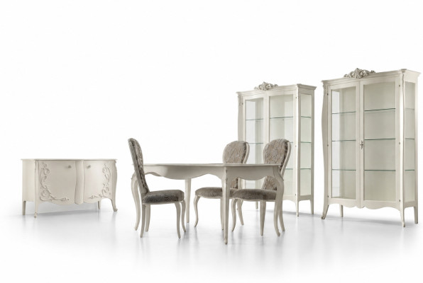 Conjunto de comedor de lujo de 7 piezas en blanco de madera, vitrina, 4 sillas, mesa.