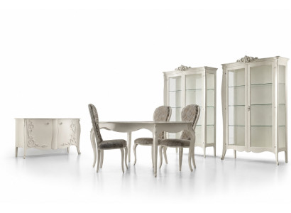 Conjunto de comedor de lujo de 7 piezas en blanco de madera, vitrina, 4 sillas, mesa.