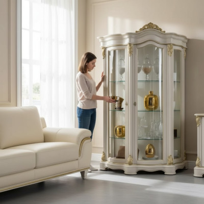 Vitrina de madera armario clásico blanco diseño de gabinetes sala de estar cristal