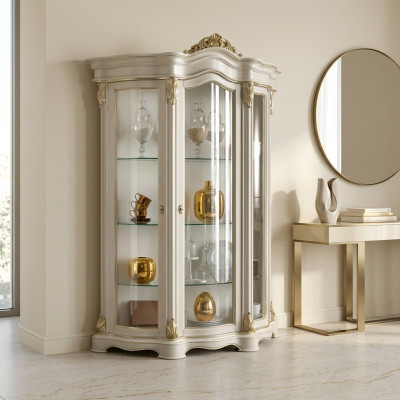 Vitrina de madera armario clásico blanco diseño de gabinetes sala de estar cristal