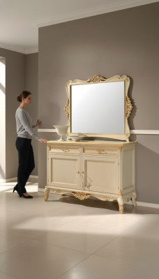 Lujo Aparador Espejo 2 piezas Comodas Sala de estar Diseño Mueble Beige