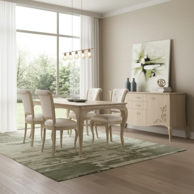 Juego de comedor de 6 piezas. Mesa de comedor, 4 sillas, aparador. Grupo beige.