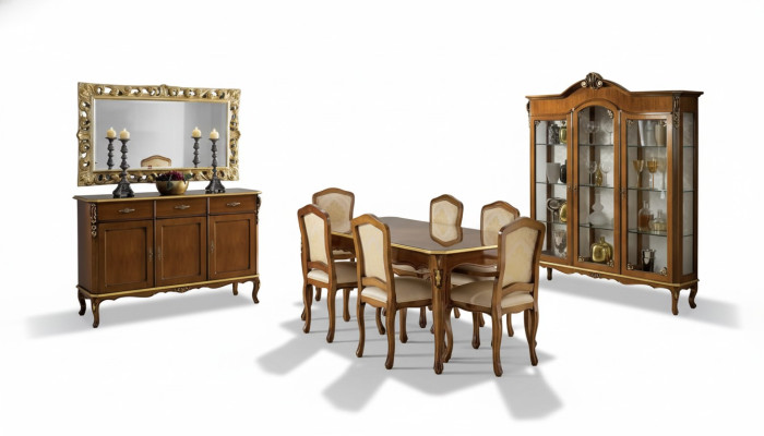Mesa de comedor clásica de madera con conjunto de comedor de 6 sillas 9 piezas.