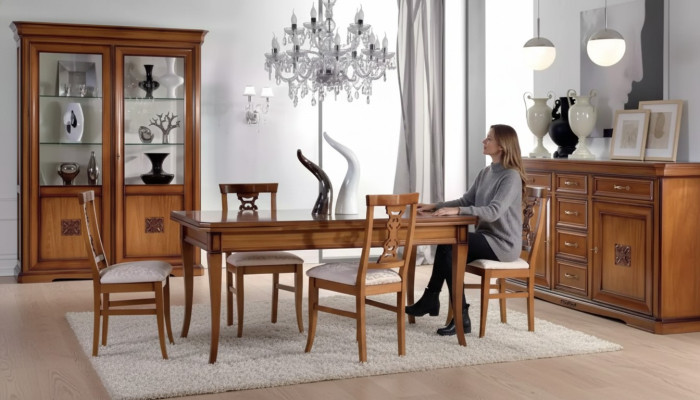 Juego de comedor de diseño de 7 piezas de muebles de madera con 4 sillas, mesa y vitrina, nuevo.