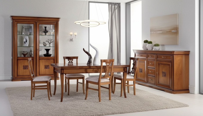Juego de comedor de diseño de 7 piezas de muebles de madera con 4 sillas, mesa y vitrina, nuevo.