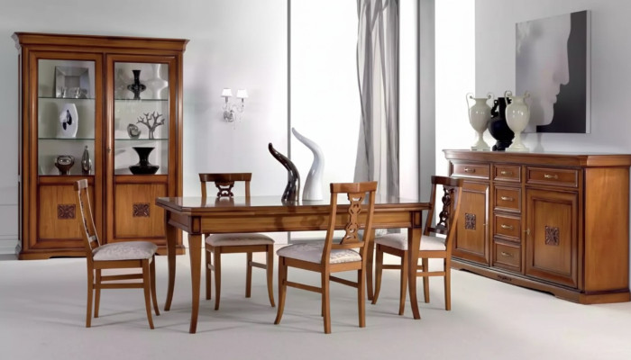 Juego de comedor de diseño de 7 piezas de muebles de madera con 4 sillas, mesa y vitrina, nuevo.