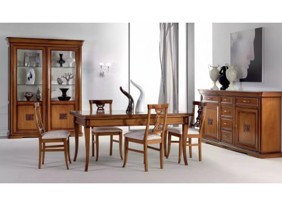 Juego de comedor de diseño de 7 piezas de muebles de madera con 4 sillas, mesa y vitrina, nuevo.