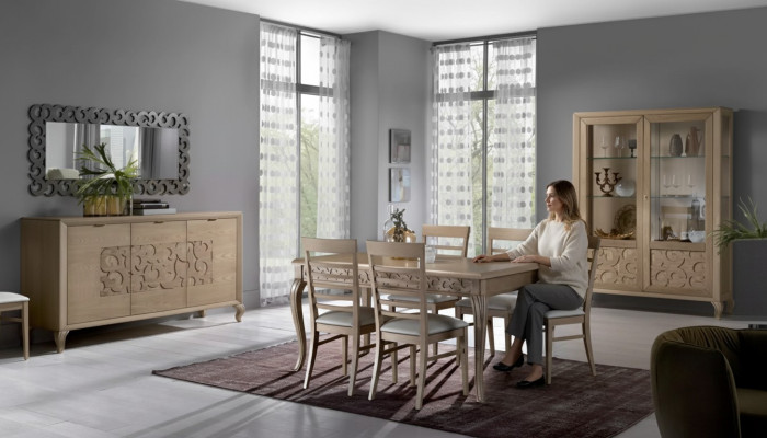 Diseño de comedor conjunto Mesa de comedor 8 piezas Muebles de madera Aparador 4 sillas Nuevas