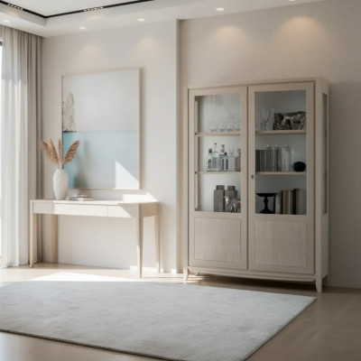 Vitrina de madera para la sala de estar, muebles de vidrio, armario beige, aparador nuevo.