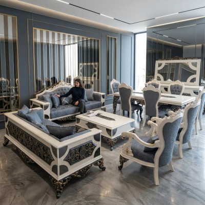 Conjunto de sala de estar de lujo con 2 sofás de 3 plazas, dos sillones y una mesa de centro.