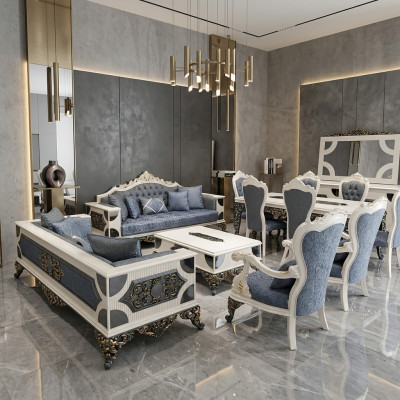 Conjunto de sala de estar de lujo con 2 sofás de 3 plazas, dos sillones y una mesa de centro.